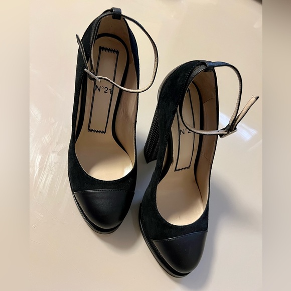 N°21 Black Suede And Leather Block Heel Ankle Strap Pumps Size 37 - Picture 14 of 16